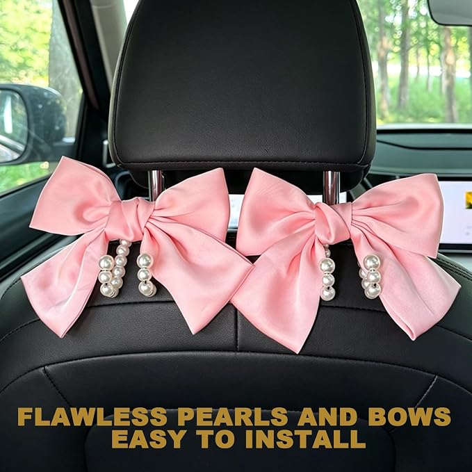 2 PCS Bow Pearl Car Seat Headrest Hook, Auto Rear Seat Hanging Organizer Elegant Pearl Decoration, Cute Bow Vehicle Interior Seatback Storage Hooks for Handbags Purses Groceries (Pink)