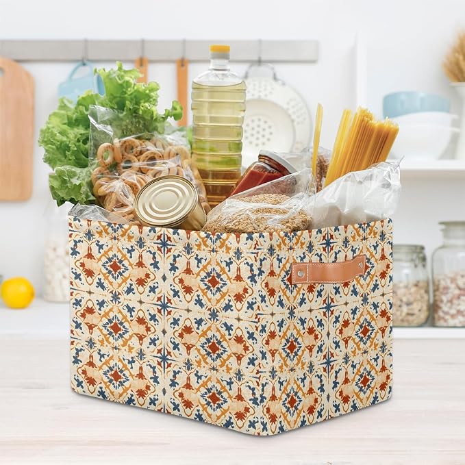 Rectangle Storage Baskets for Shelves, Blue Orange Tribal Floral Storage Cube Organizer Bins Collapsible Toy Basket for Nursery Home Room