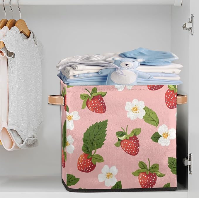 TropicalLife Floral Strawberry Storage Cube, 13 Inch Fabric Cube Storage Organizer Bin for Shelves Clothes, Decorative Foldable Storage Boxes