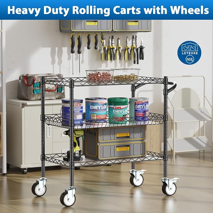 Leteuke 3 Tier Rolling Carts with Wheels, Heavy Duty Rolling Utility Cart | NSF Commercial Grade Metal Cart with Handle&Shelf Liner,Trolley Serving Cart for Kitchen,Restaurant,Plant Display,Black
