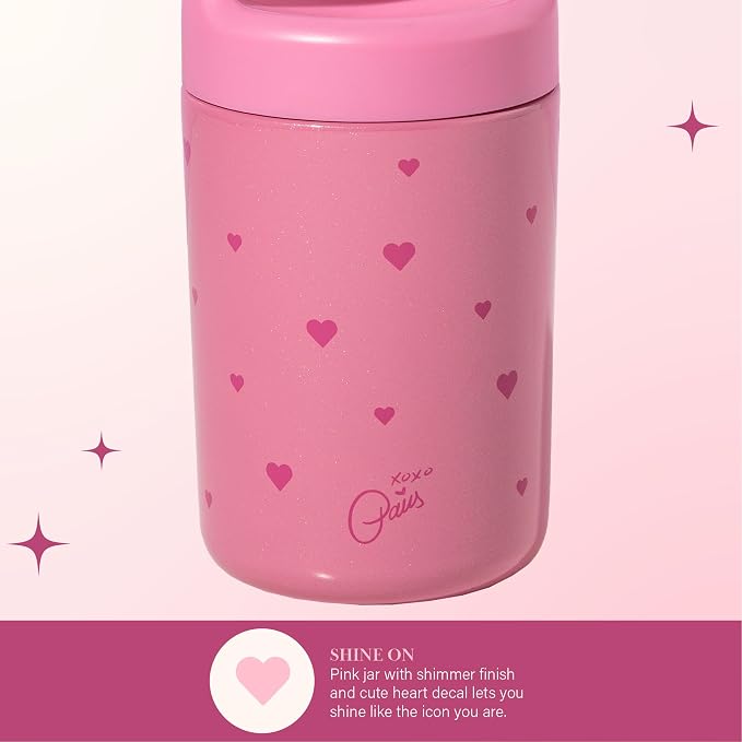 Paris Hilton Stainless Steel Food Jar, Double Wall Vacuum Sealed Insulated Food Storage Container with Carry Handle Lid, 16-Ounce, Pink with Heart Design