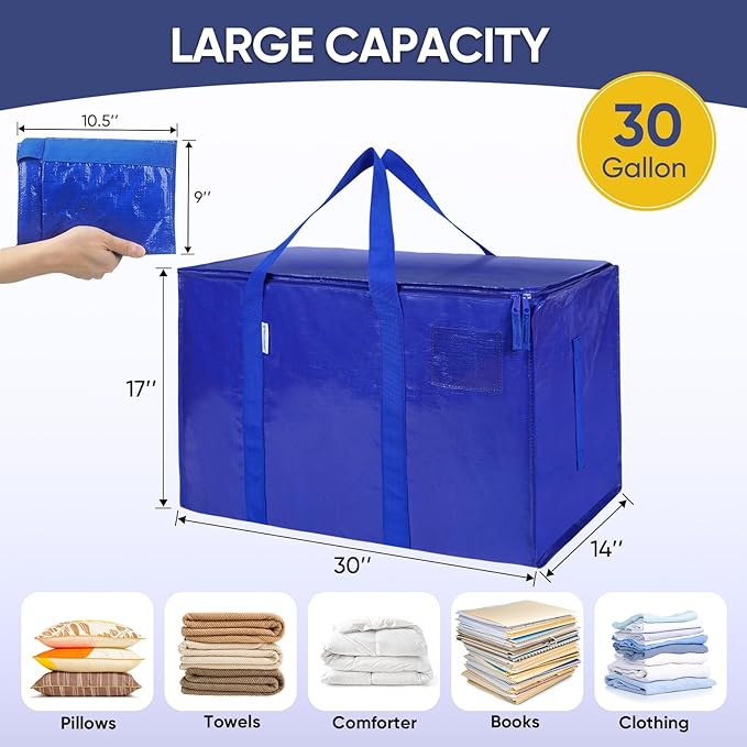TICONN 16 Pack Extra Large Moving Bags with Zippers & Carrying Handles, Heavy-Duty Storage Tote Moving Boxes for Space Saving (16 PK, 30 Gallon)