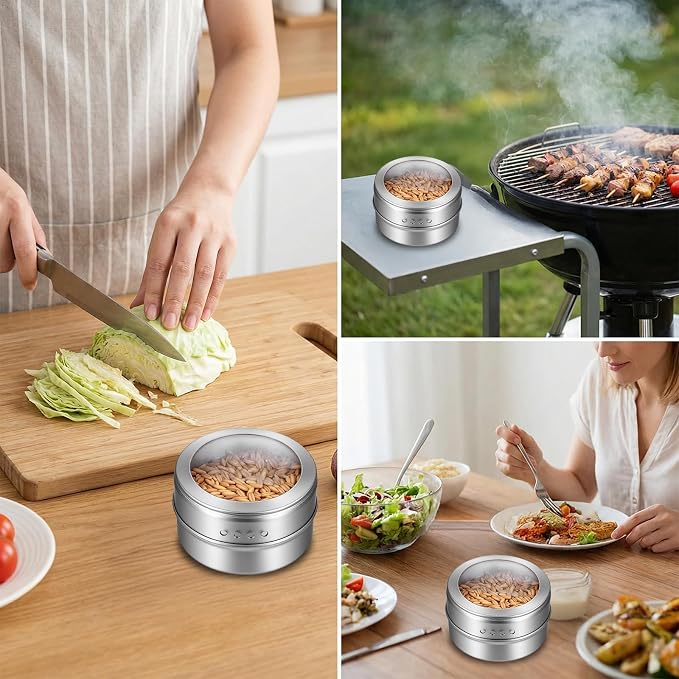 Set of 8 Magnetic Spice Tins with 2 Metal Wall-Plates, 100 Preprinted Labels, 3 oz Clear Lid Jars for Kitchen Refrigerator Storage