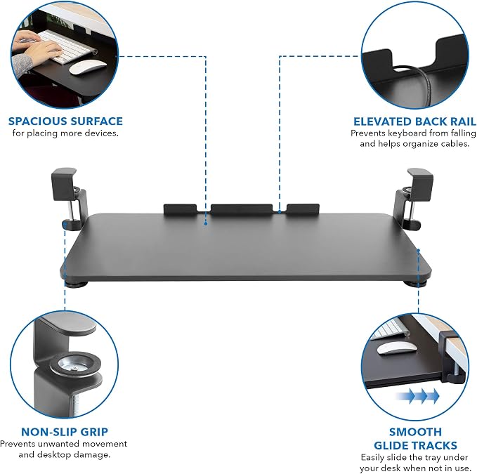 Mount-It! Clamp-On Under Desk Keyboard Tray, No-Drill Slide-Out Keyboard & Mouse Platform, 26.4" W × 11.8" D, Adjustable Ergonomic Keyboard Drawer, Fits Desks up to 1.5" Thick