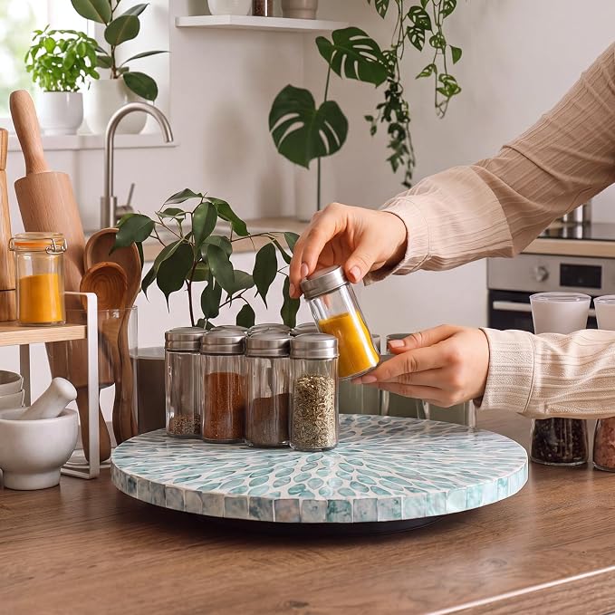 Reallnaive Mother of Pearl Lazy Susan for Table Turntable Organizer Marble Patterned Lazy Susan Wood Spinning Tray Rotating for Kitchen Cabinet Spice Pantry 12 Inch(Round,Blue Floral Petal)