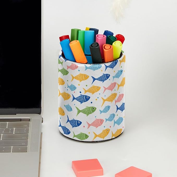Colorful Fishes Pen Holder Pencil Organizer for Desk, 3.1” x 3.1” x 3.9” Pencil Cup Office Supplies, Large Capacity Cute Pen and Makeup Brush Holder for Home, School, Desktop