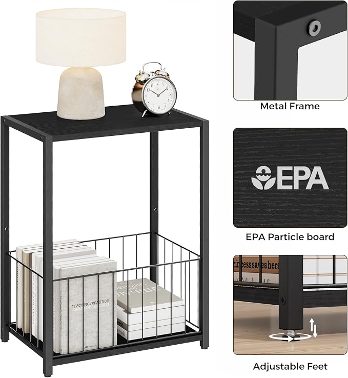 Homleke Side Table with Magazine Holder, Record Player Stand with LP Shelf | LP Storage, Magazine Holder, Easy Assembly, Living Room, Bedroom, Bedside, 11" D x 16.9" W x 23.6" H, Black