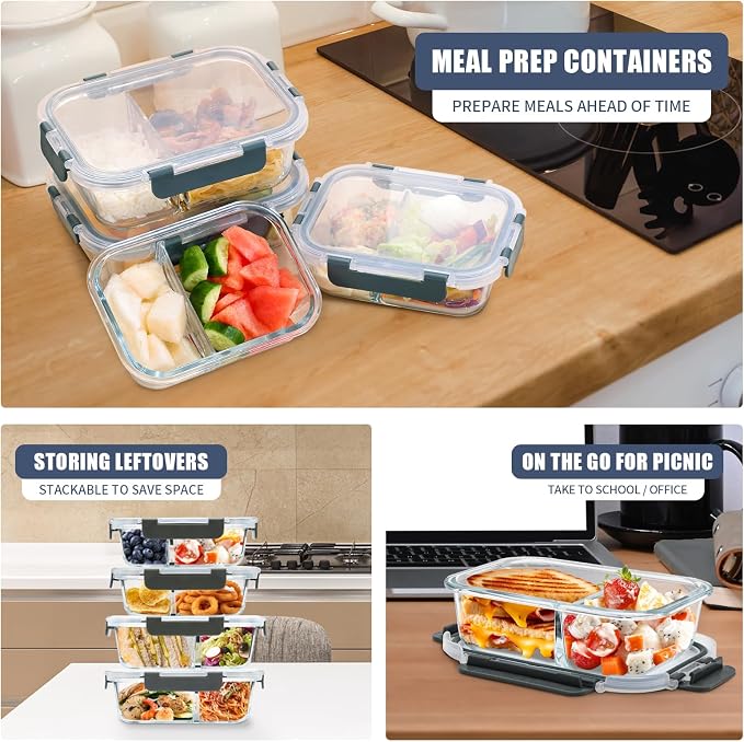 2 & 3 Compartment Glass Meal Prep Containers with Lids, Lunch Containers | Portion Control Glass Containers, Ideal for Work, Gym, On-the-Go, Lunches, Freezer to Microwave Safe