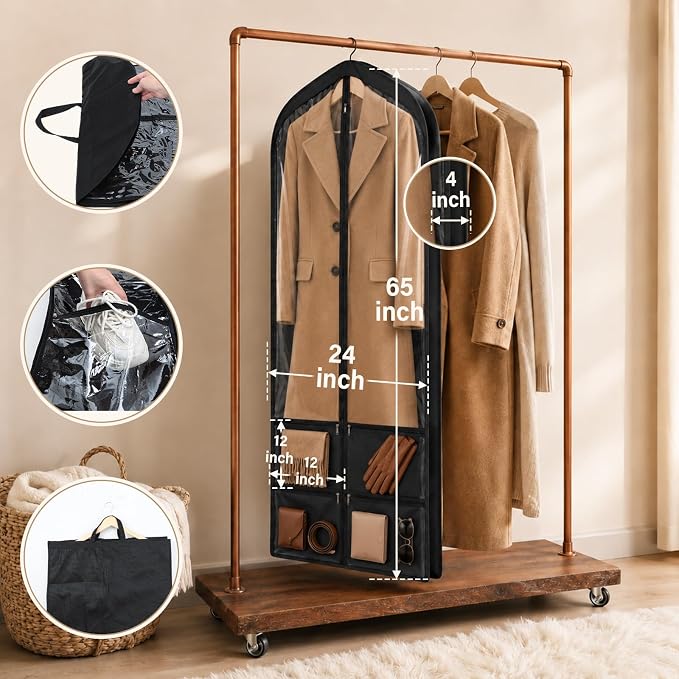 Tranqun 6 Pack 65" Long Wedding Garment Bags for Gowns 4" Gusseted Clear Dress Travel Bag for Hanging Clothes Foldable Wedding Dress Cover with 4 Zipper Pockets for Closet Storage and Travel (Black)