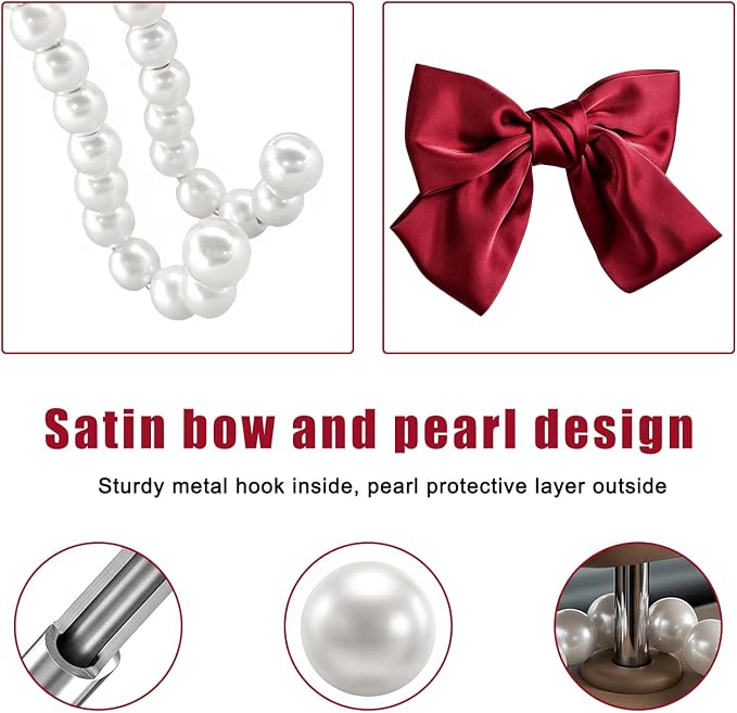 2 PCS Bow Pearl Car Seat Headrest Hook, Car Seatback Hanging Organizer Elegant Pearl Purse Hanger, Cute Bow Vehicle Interior Headrest Storage Hook for Handbag Purse Coat (Red)