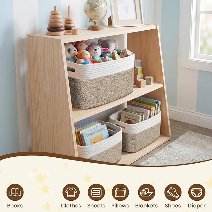 Storage Baskets for Organizing, 14 x 10 x 9” Closet Shelf Woven Baskets, Square Bins with Handles, Cotton Rope Basket for Clothes, Office, Room, White+Rice Brown 3 Pack