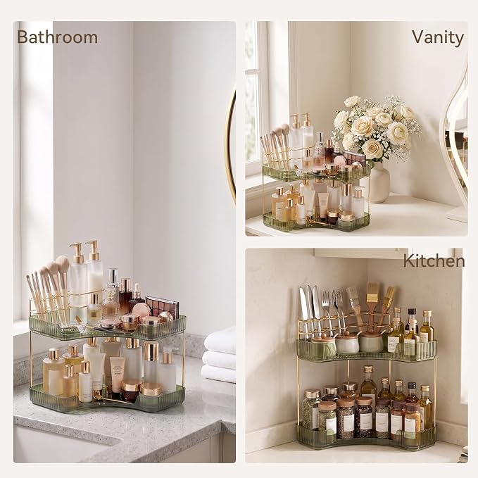 2-Tier Corner Bathroom Counter Organizer with Makeup Brush Holder, Green | Large Makeup Organizers for Vanity, Corner Bathroom Countertop Organizer for Cosmetic Perfume Skincare Storage