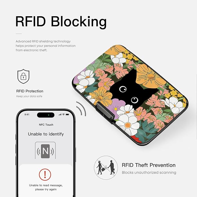 Credit Card Holder for Women Men Cat Hiding in Flowers | Mini Aluminum Card Case, Slim Design, RFID Blocking, Metal Business ID Case
