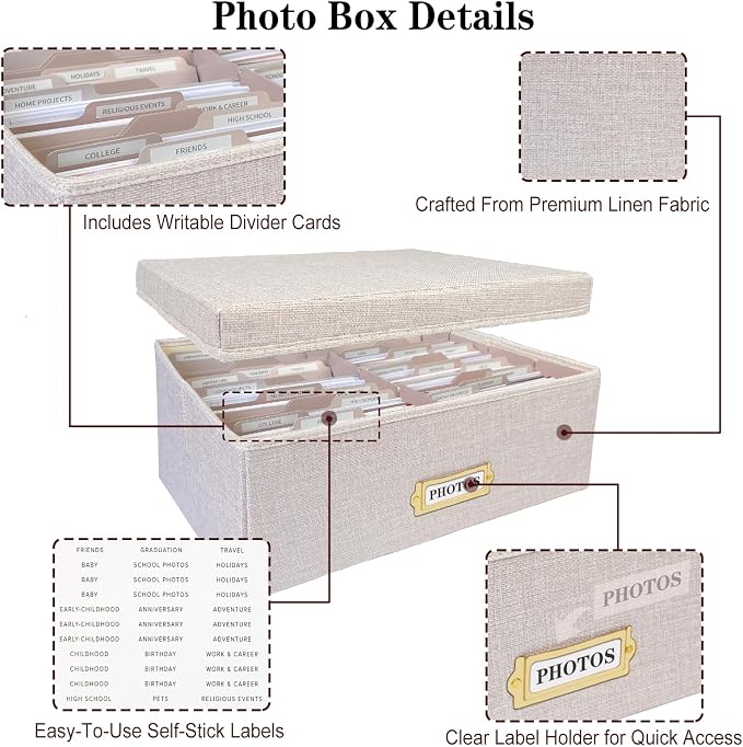 Linen Photo Storage Box – Holds 1700 Photos, Photo Organizer with Lid for Photo, Pictures, 24 Adjustable Dividers & 72 Labels Multi-Use Organizer Memory Box for Envelopes, Baby, Wedding, Cards Beige