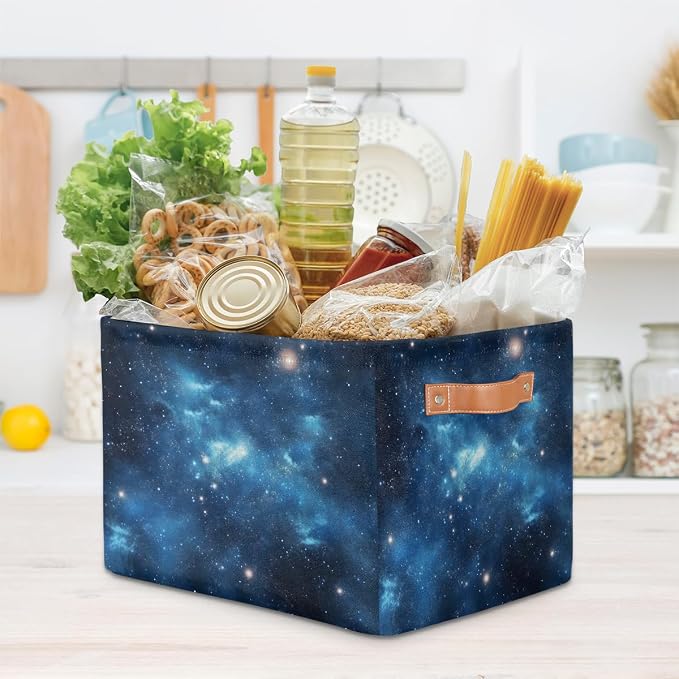Rectangular Storage Baskets Blue Nebula Pattern Fabric Storage Bin Toy Organizer Box with PU Leather Handles for Room Decor