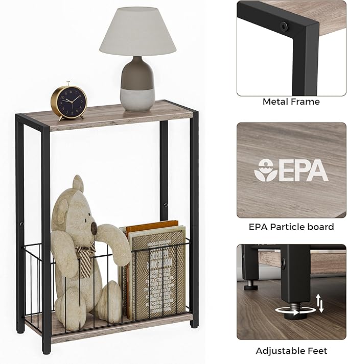 Homleke Narrow Side Tables Set of 2 with Magazine Holder, Skinny End Tables | Space-Saving Design, Small Spaces, Storage Shelf, Metal Frame, Easy Assembly, 7.1" D x 16.9" W x 23.6" H, Greige