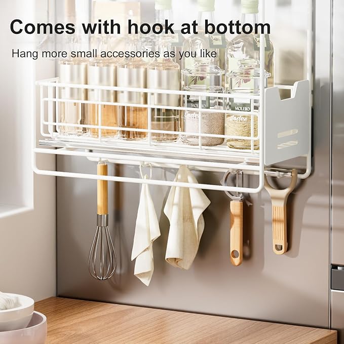 Magnetic Shelves for Fridge with Sliding Shelf, White Magnetic Spice Rack for Refrigerator, Magnetic Refrigerator Side Shelf with 5 Hooks, Magnetic Hanging Shelf for Laundry Room