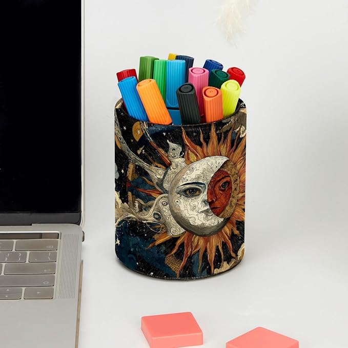 Retro Sun Pattern Pen Holder Pencil Organizer for Desk, 3.1” x 3.1” x 3.9” Pencil Cup Office Supplies, Large Capacity Cute Pen and Makeup Brush Holder for Home, School, Desktop