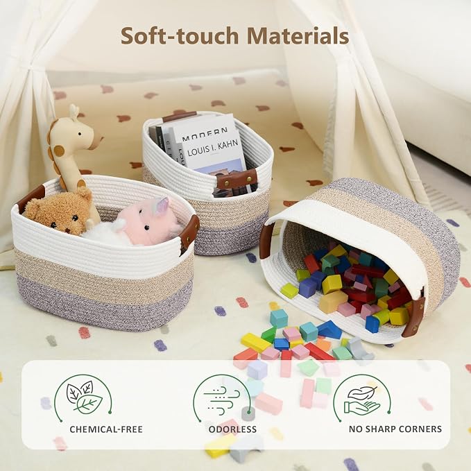 ECDYQXVU 15x10x9 Woven Cotton Rope Storage Basket, Leather Handles 3 Pack | Foldable Design, Sturdy PU Handles, Easy to Clean Organizer for Living Room, Closet, Shelves, Bedroom, Laundry, Clothes