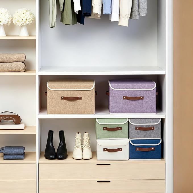 2PCS Collapsible Storage Boxes Baskets with Lid Cotton Linen Fabric Storage Bins with Faux Leather Handles Washable Cube Organizer Container for Home Closet Bedroom (Linen, Large Size)