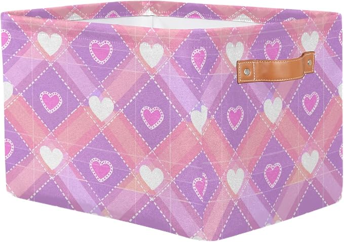Rectangular Storage Baskets Pink Heart Diamond Fabric Storage Bin Toy Organizer Box with PU Leather Handles for Room Decor
