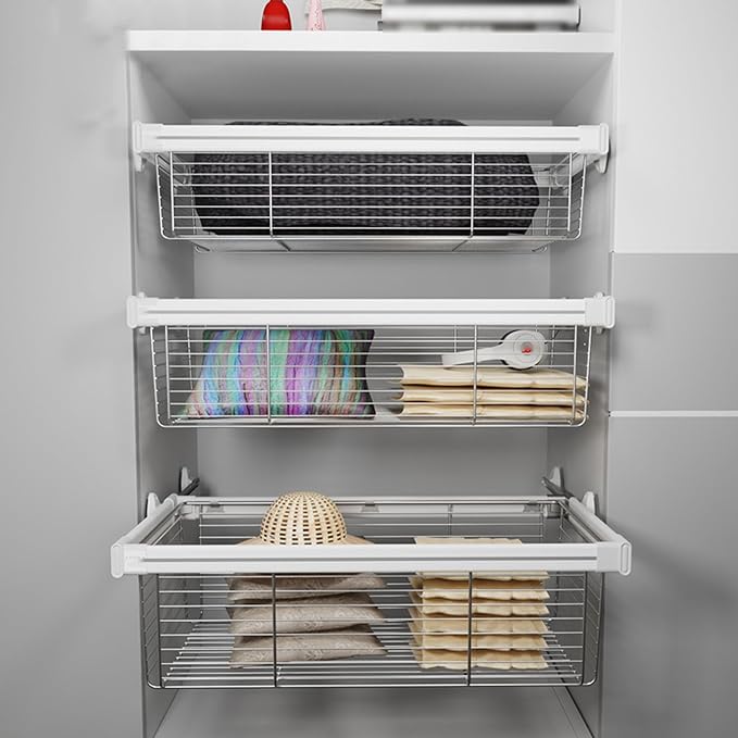 Pull-Out Clothes Storage Basket,Stainless Steel Stackable Shelf Baskets Organizer,Stackable Storage Bins,Adjusted Width for Bedroom Office Bathroom,White-26.37-28.34in