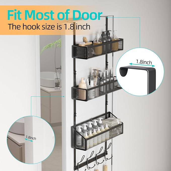 Over Door Hook Organizer 12 Hook Over The Door Organizer with 3 Mesh Baskets - Back of Door Storage Towel Rack Space Saving Storage Organizer for Bedroom, Bathroom, Kitchen, Pantry, Black