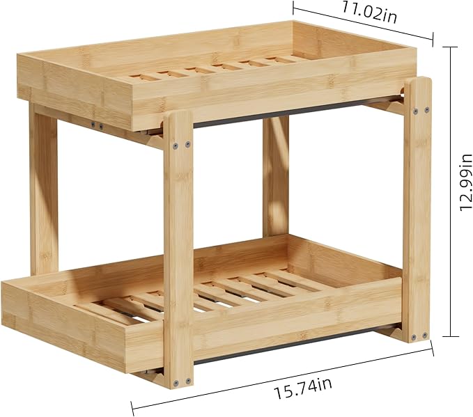 APRTAT 2 Pack Under Sink Organizer, Bamboo Wooden 2-Tier Pull-Out Storage with Sliding Drawers for Kitchen and Bathroom Cabinets, Easy Installation (Natural, 2 Packs)