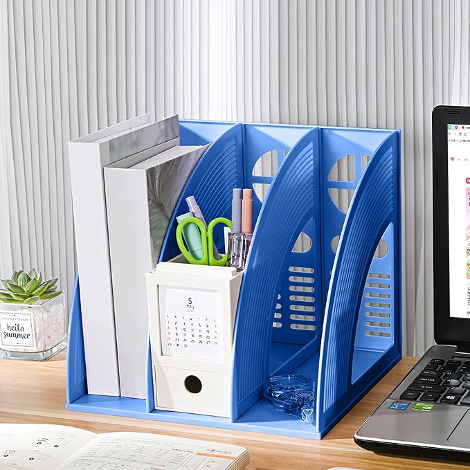 Marte Vanci Magazine File Holder Book Desktop Organizer Plastic Storage Sturdy Vertical 3 Section Folder Blue