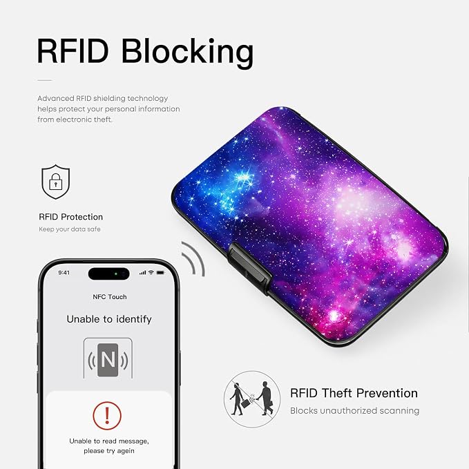 Credit Card Holder Cosmic Galaxy Mini Aluminum Wallet | Women Men, Slim Design, RFID Blocking, Metal Business ID Case