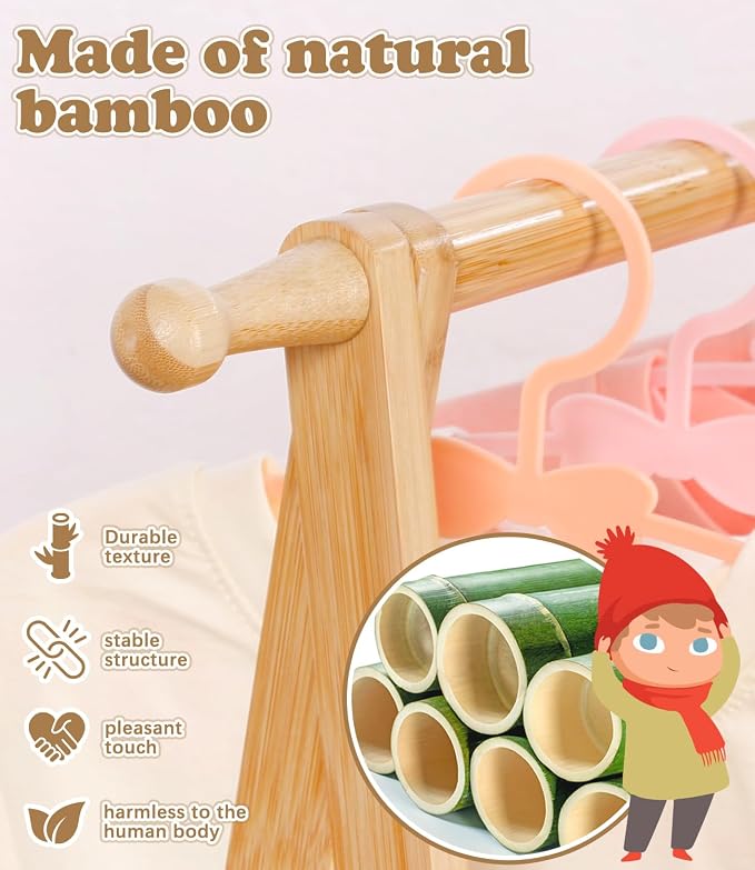 Kids Clothing Rack with Storage, Dress Up Rack, Child ClothesRack, Small Garment, for Costume, Bamboo (Natural Color)