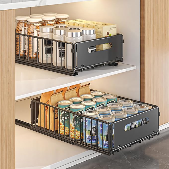 Pull-out Cabinet Organizer Storage Basket Large Capacity Strong Load-Bearing Easy Installation No Drill Slide-Out Drawers Storage Racks (2pc Small)