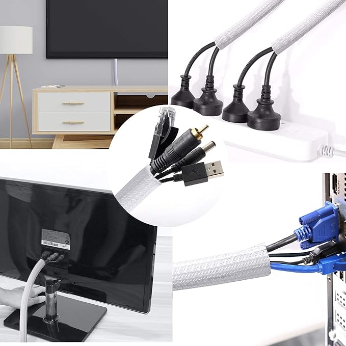 Cable Management Sleeve, Split Design, 25FT - 1.25 Inch, White | Cord Protectors from Pets | Heat & Abrasion Resistant Wire Loom | Automotive Wiring & Home Office Cable Organization