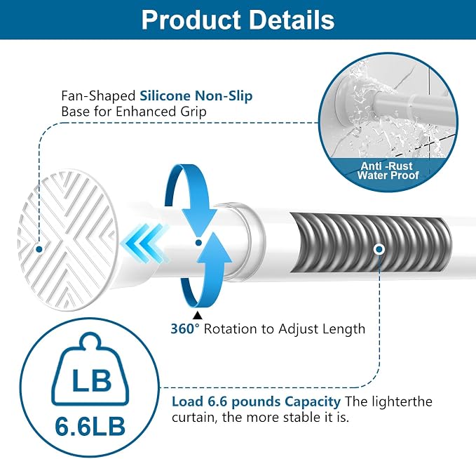 2Pcs Tension Curtain Rod, 31-76in White No Drill Shower Curtain Rods | High Carbon Steel, 7/8inch Spring Rod Diameter, Adjustable Length for Bedroom, Doorway, Closet, Kitchen,Bathroom