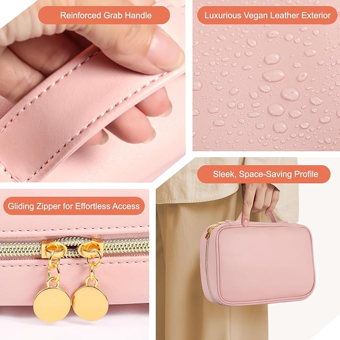 Leather Travel Jewelry Case Organizer,Jewelry Storage Book Binder with Clear Zipper Pouch & Lining-Portable Jewelry Bag for Earrings,Rings,Necklaces,Bracelets (Pink)