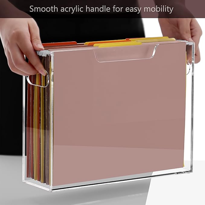 DINGHUO Acrylic File Organizer Box Letter Size Hanging File Organizer, Clear Portable File Folder Box with Handle, Filing Crate Bin Holder for Desk, Office, Home, School - 1 Pack