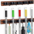 FunCee 2 PACK Broom Holder Wall Mount With 5 Slots & 4 Hooks，Rustic Wood Broom & Mop Hanger，Wall Mounted Garden & Garage Tool Storage Organizer Rack for Closet Laundry Room or Kitchen Wall Decor