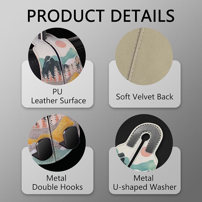 Blusabaca 2PCS Car Seat Headrest Hooks, Purses Bags Holder, Sunrise | PU Leather, Double Metal Back Storage Hangers for Grocery Bags Handbags Bottles Coats Phones, Car Accessories Organization