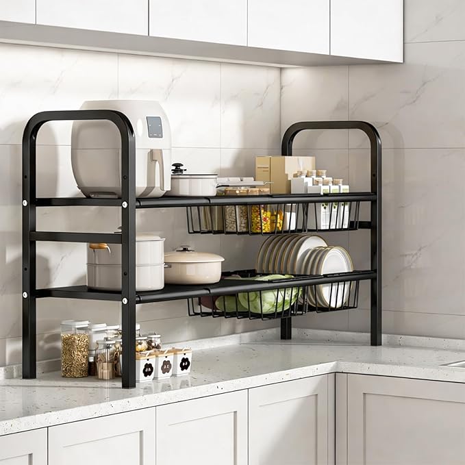 Under Sink Organizers – Expandable 2 Tier Under Cabinet Storage Rack with Adjustable Shelves, 4 Baskets & Panels, Heavy Duty Metal, Fits Around Pipes for Kitchen & Bathroom (White)