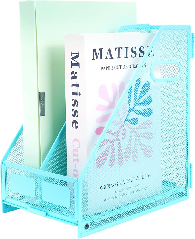 Desk Organizers Metal Magazine File Holder Racks Desktop Folder Storage Binder Organiser Document Organization for Home Office & Classroom,2 Vertical Compartments-Blue