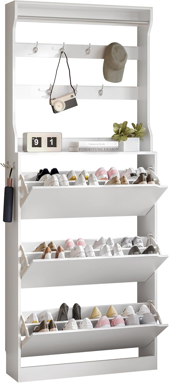 Wodeer Tall Shoe Cabinet with Coat Rack, Hidden Shoe Storage Cabinet with Doors & Drawer, Hanging Bar & Hooks, Slim Narrow Freestanding Shoe Rack Organizer for Entryway, Hallway & Living Room, White
