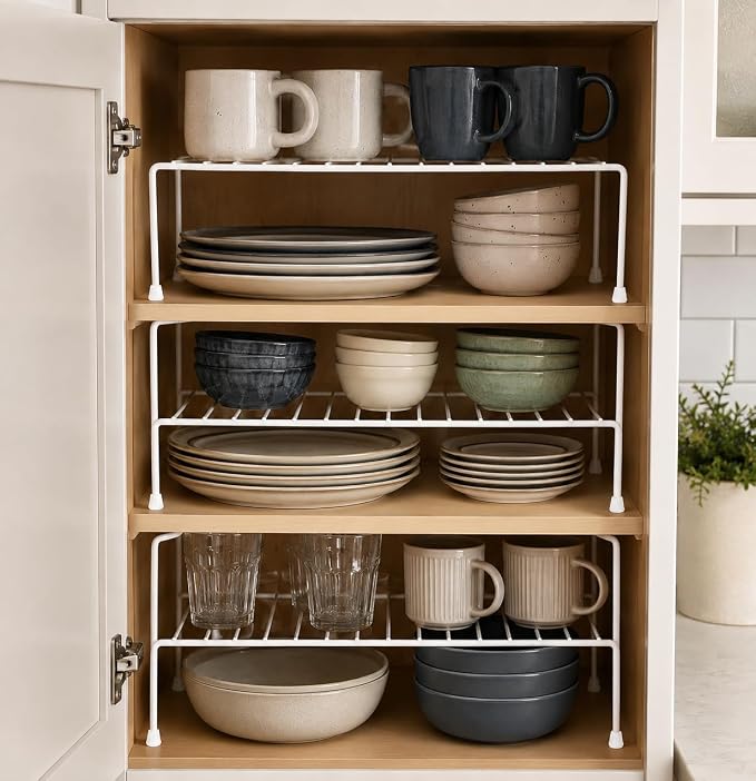 3 Piece White Kitchen Cabinet Metal Shelves Organizer Set –Stackable Steel Wire Storage Rack for Pantry Countertop, Cupboard Dish Storage & Space Saving Kitchen Organization Shelves