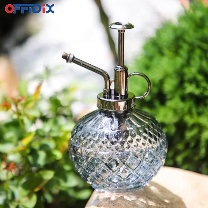OFFIDIX Plant Mister Glass Spray Bottle Gray, Vintage Small Misters10 OZ | Fine Mist Spray, Refillable Watering Can with Plastic Top Pump, Spray Bottles for Garden Plant Cleaning, Indoor Outdoor Decor