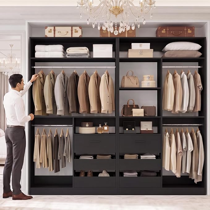 iSunirm 36'' Closet System with Long Hanging Rods, 3FT Modular Closet Organizer System with 4 Shelves, Wood Walk-in Closet with Closed & 2 Half-Open Drawers, 80" H Adjustable Garment Rack, Black