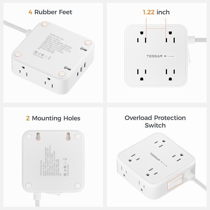 TESSAN Surge Protector Power Strip, 5 Ft Flat Plug Extension Cord with 3 USB (1 USB C) 8 Outlets, 900J Protection, 3 Sided Outlet Extender with Power Switch for Office, Dorm Room, White