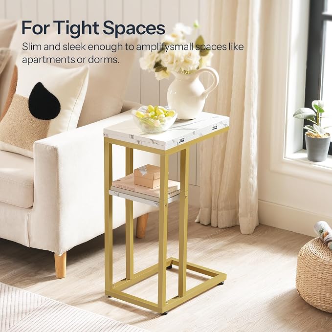 HOOBRO Foldable C Shaped End Table, C Shaped Side Table with Storage Shelf, Small Snack Table, Slide Under Couch Table for Sofa, Living Room Bedroom Small Spaces Easy Assembly, Gold DM29SF01
