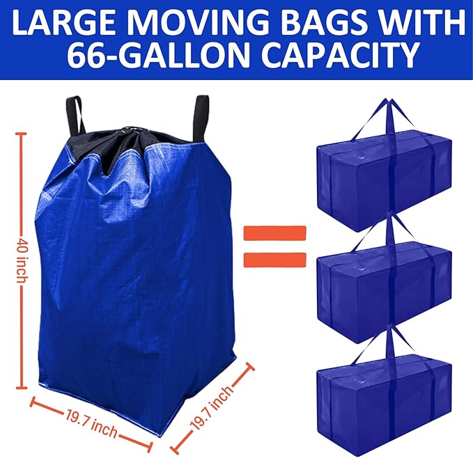 Moving Bags Heavy Duty Extra Large, 66 Gallon Large College Moving Bags with Handles, Waterproof Storage Packing for Home Dorm, Set of 2