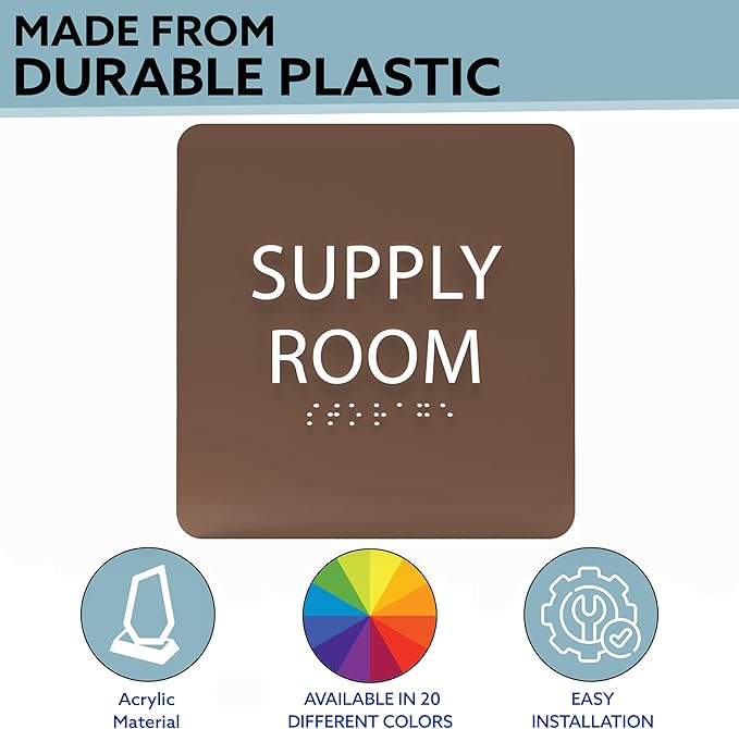 6" X6" Supply Room Sign - ADA Compliant Tactile Graphics Grade 2 Braille Text Acrylic Door Wall Signs - Stocking Tracking Monitoring Storage Room Sign for Office, School, Warehouse