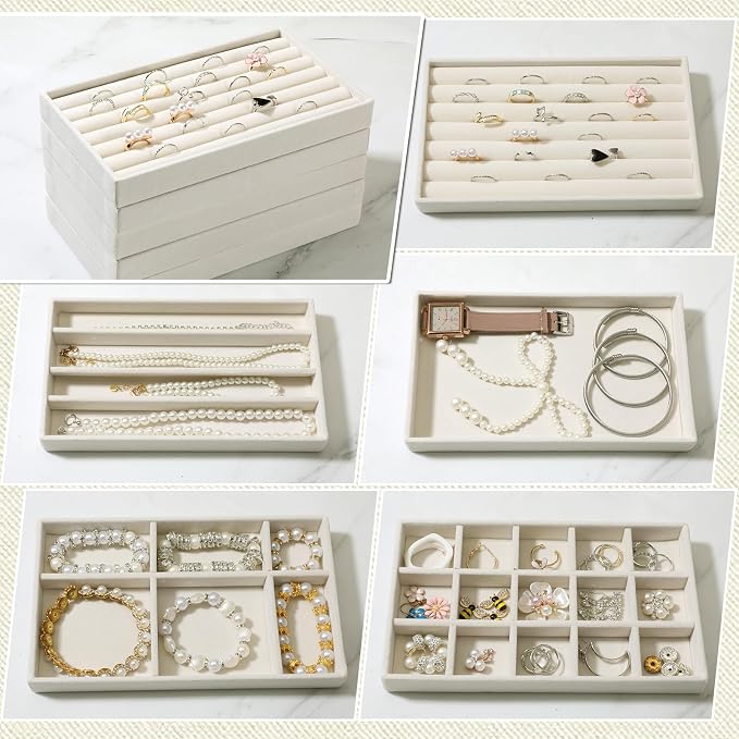 9 Set Velvet Jewelry Drawer Organizer Inserts, Stackable Jewelry Organizer Trays with Removable Dividers, Jewelrys Storage Display Tray, for Earring Ring Necklace Watch Bracelet, Beige