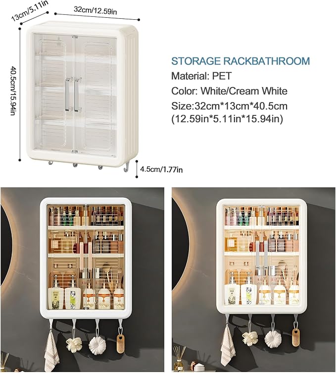 DASITON Wall Mounted Large Capacity Makeup Organizer,Dustproof Cosmetic Organizer,Bathroom Organizers and Storage,Skincare Organizers for Vanity,Bedroom(Cream 01)